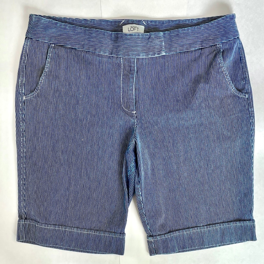 LOFT Navy White Striped Cotton Bermuda Shorts 14